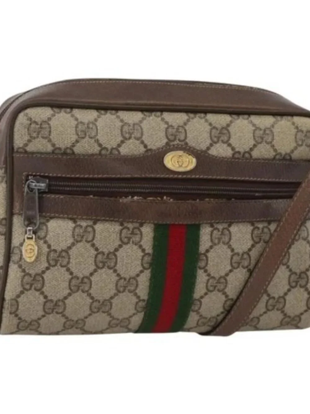 GUCCI GG Supreme Web Sherry Line Shoulder Bag PVC Beige Gold Auth ka3631